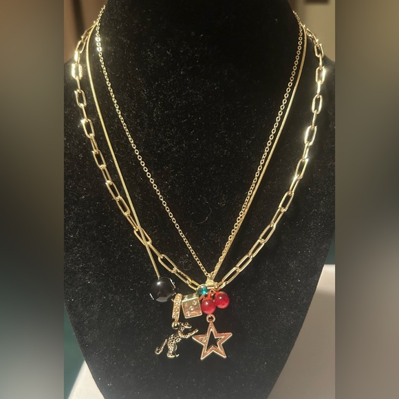 Gold-Tone Layered Charm Necklace Set with Star, Cherry, and 8-Ball Accents - Picture 2 of 4
